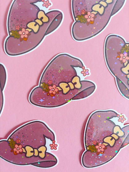 Floral Witch Hat Holographic Stars Vinyl Sticker