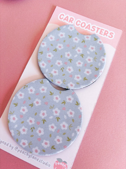 Blue Floral Car Coasters - Set of Two