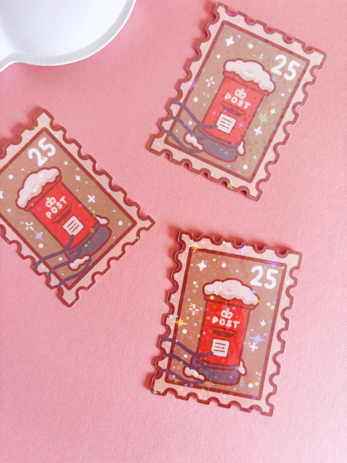 Postbox Festive Stamp Vinyl Sticker with Holographic Stars Laminate