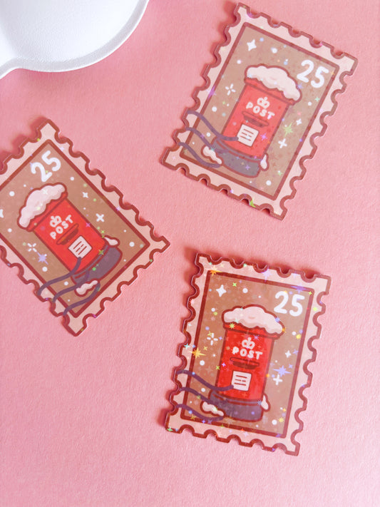 Postbox Festive Stamp Vinyl Sticker with Holographic Stars Laminate