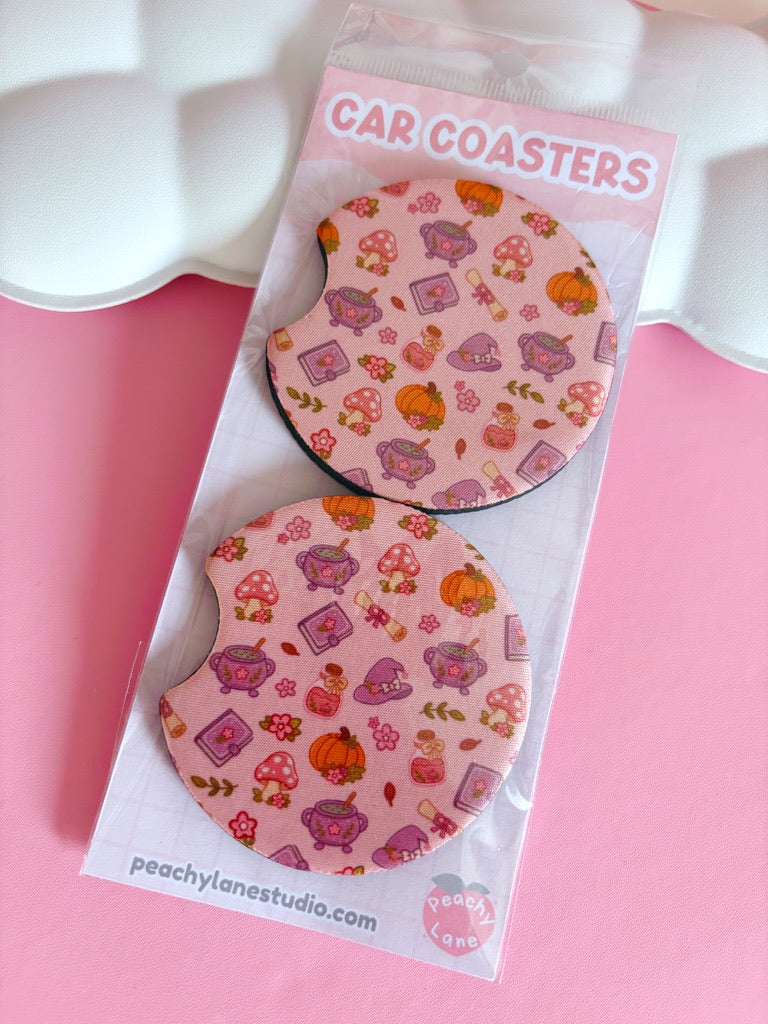 Autumn Witch Pattern Car Coasters - Set of Two