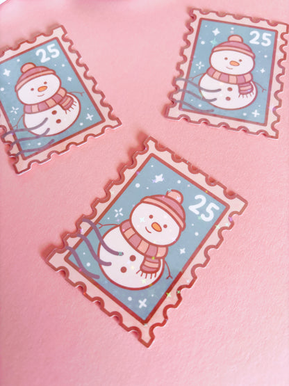 Snowman Festive Stamp Vinyl Sticker with Holographic Stars Laminate
