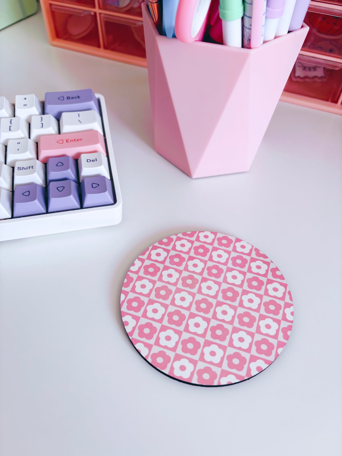 Retro Pink Flowers Circle Coaster