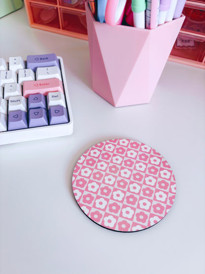Retro Pink Flowers Circle Coaster