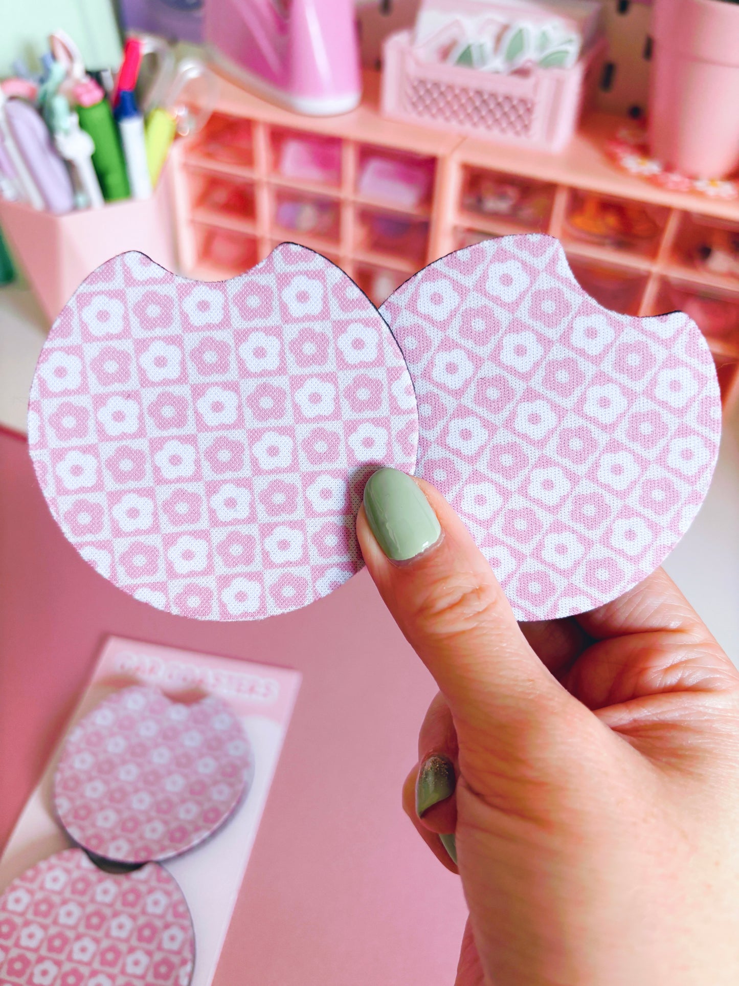 Retro Pink Flowers Car Coasters - Set of Two