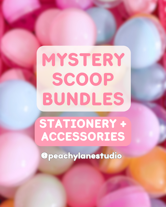 Colorful balloons with 'Mystery Scoop Bundles' text overlay and 'peachylanestudio' branding.
