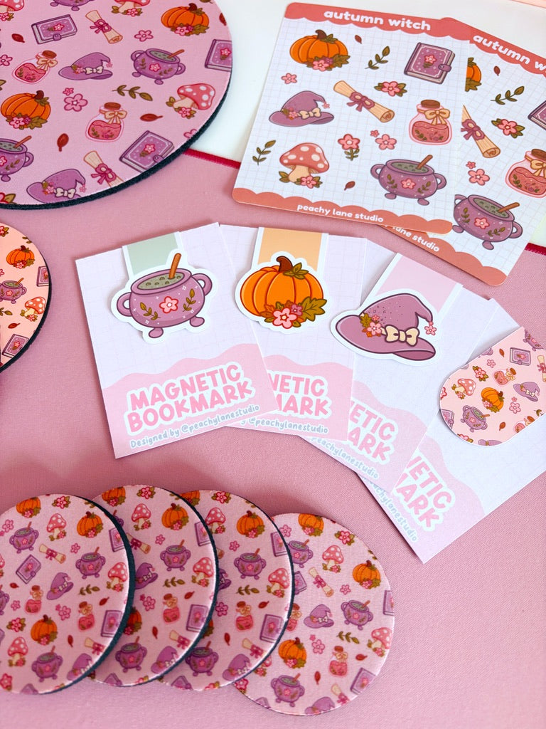 Autumn Witch Pattern Car Coasters - Set of Two