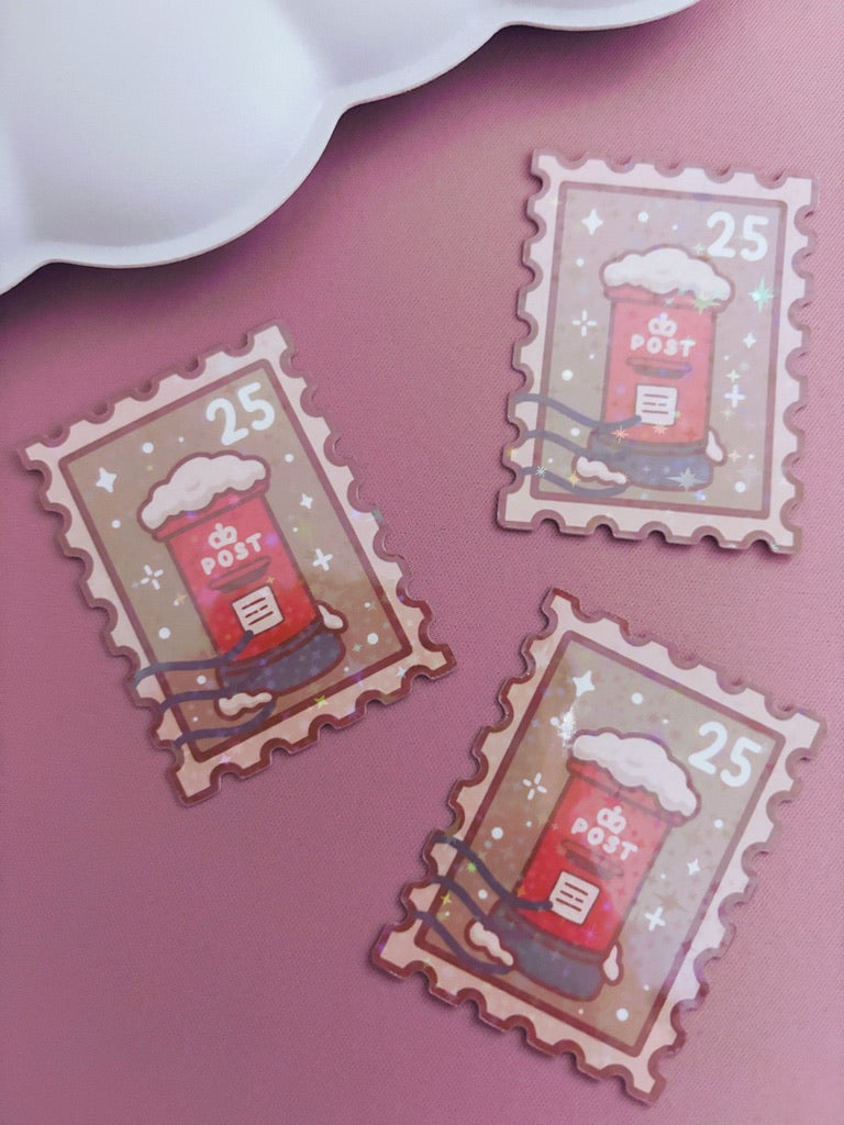 Postbox Festive Stamp Vinyl Sticker with Holographic Stars Laminate