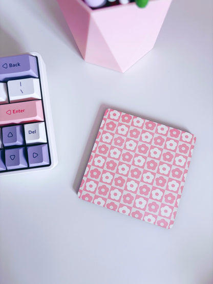 Retro Pink Flowers Square Coaster