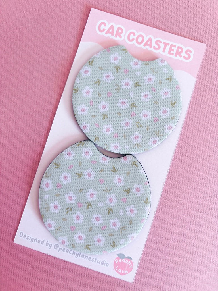 Green Floral Car Coasters - Set of Two