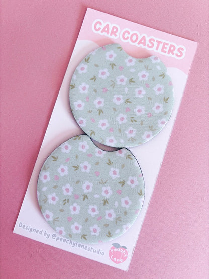 Green Floral Car Coasters - Set of Two