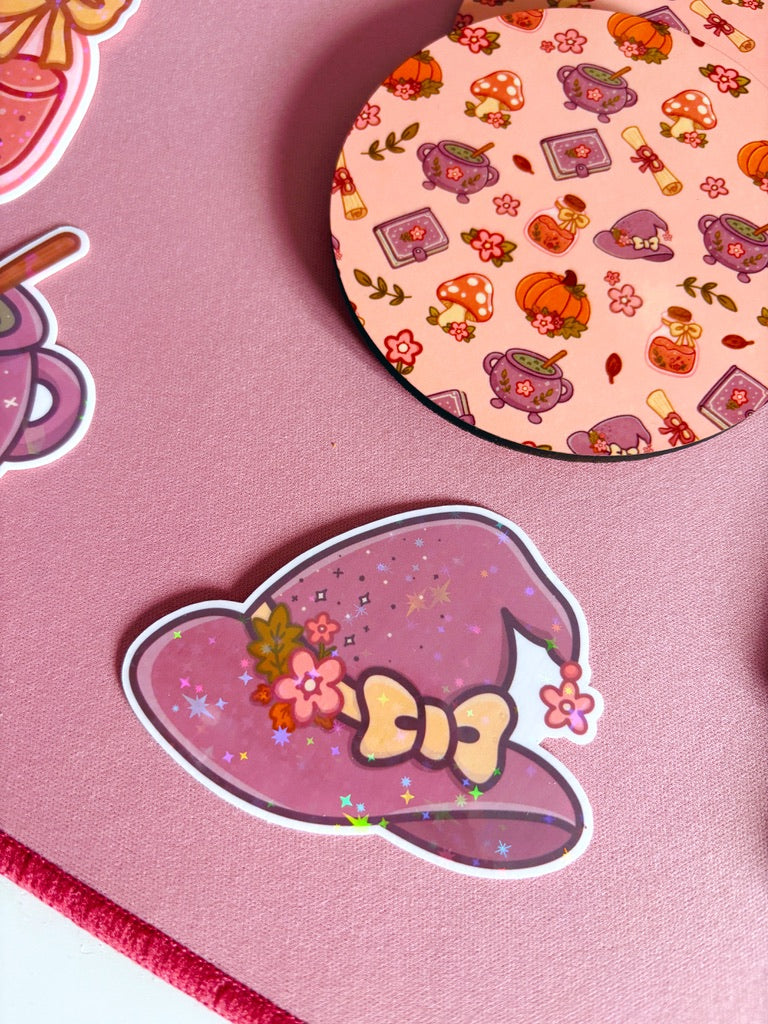 Floral Witch Hat Holographic Stars Vinyl Sticker