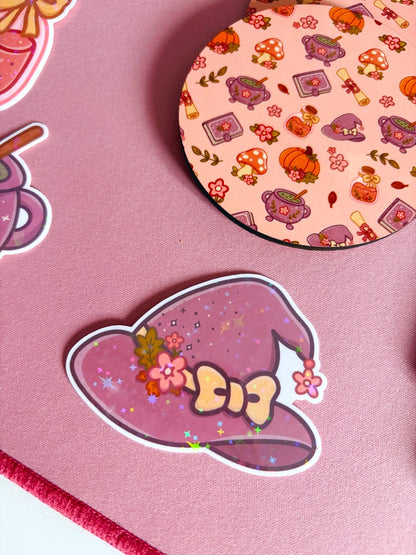 Floral Witch Hat Holographic Stars Vinyl Sticker