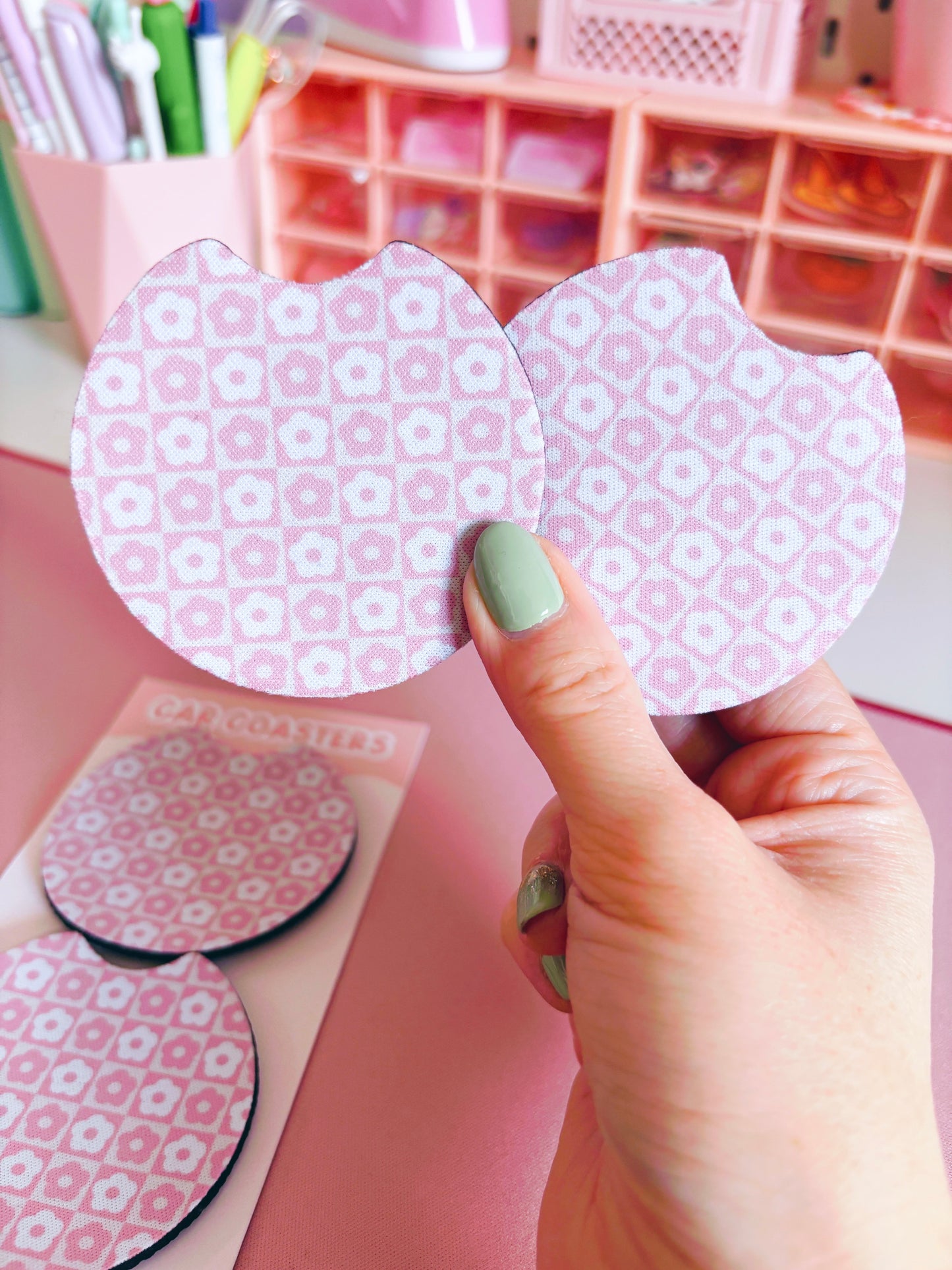 Retro Pink Flowers Car Coasters - Set of Two