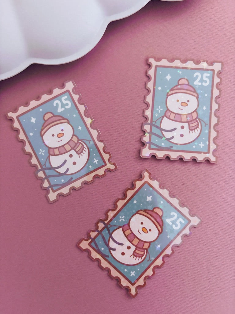 Snowman Festive Stamp Vinyl Sticker with Holographic Stars Laminate