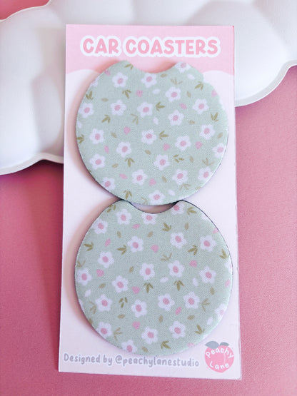 Green Floral Car Coasters - Set of Two