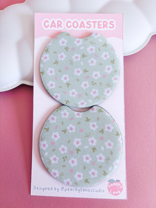 Green Floral Car Coasters - Set of Two