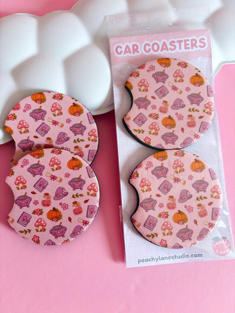 Autumn Witch Pattern Car Coasters - Set of Two