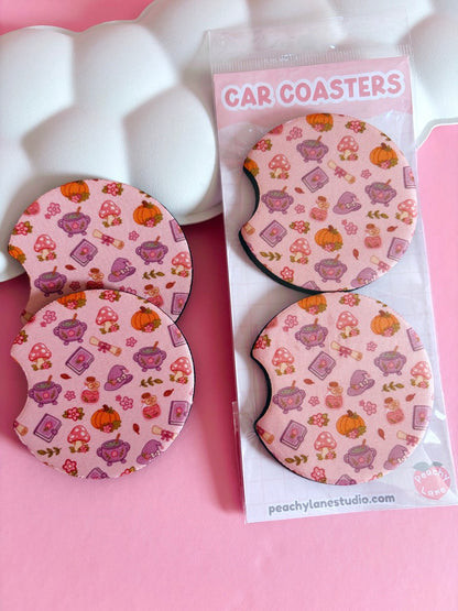 Autumn Witch Pattern Car Coasters - Set of Two