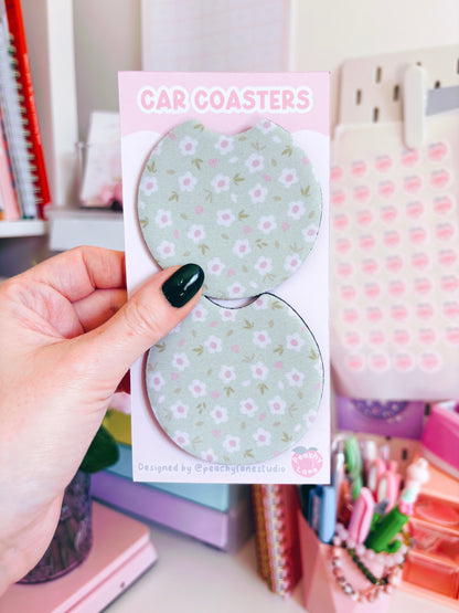 Green Floral Car Coasters - Set of Two