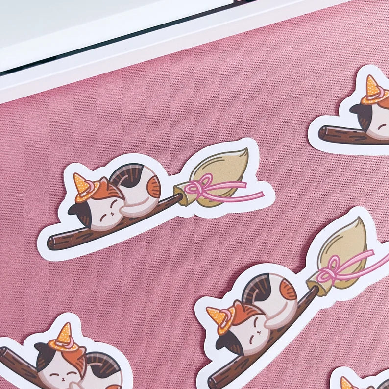Witchy Cat on Broomstick Vinyl Sticker