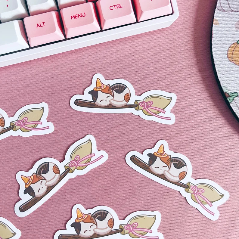 Witchy Cat on Broomstick Vinyl Sticker