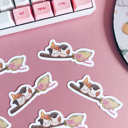 Witchy Cat on Broomstick Vinyl Sticker