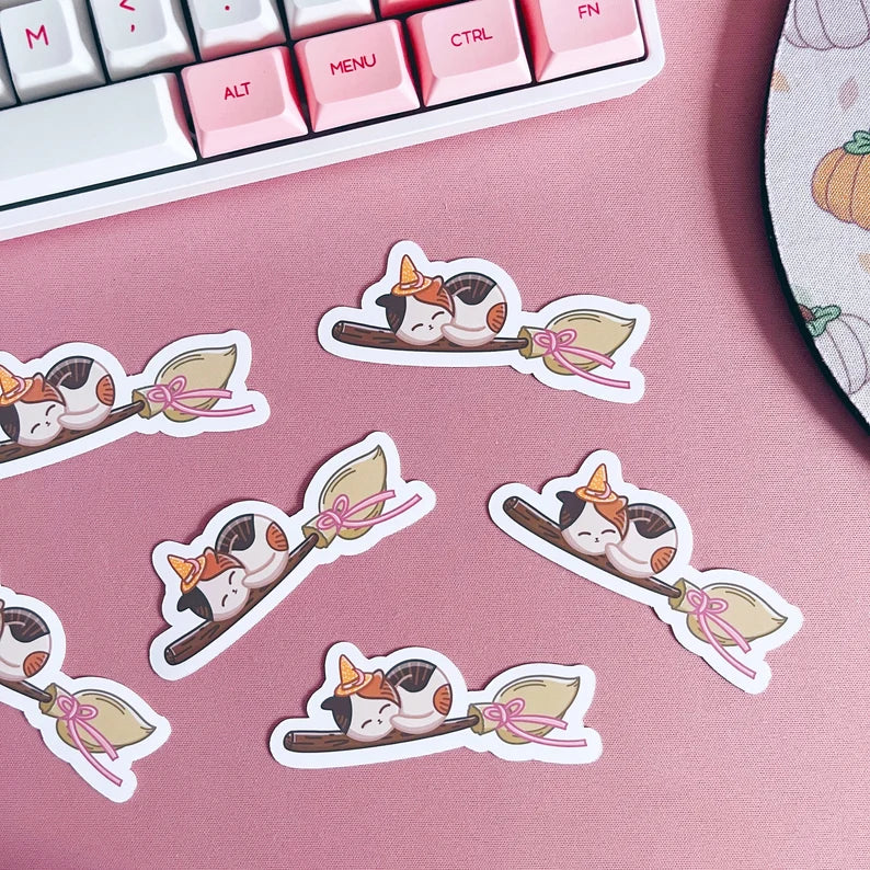 Witchy Cat on Broomstick Vinyl Sticker