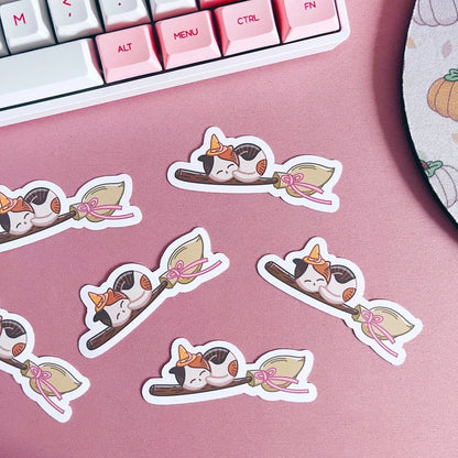 Witchy Cat on Broomstick Vinyl Sticker