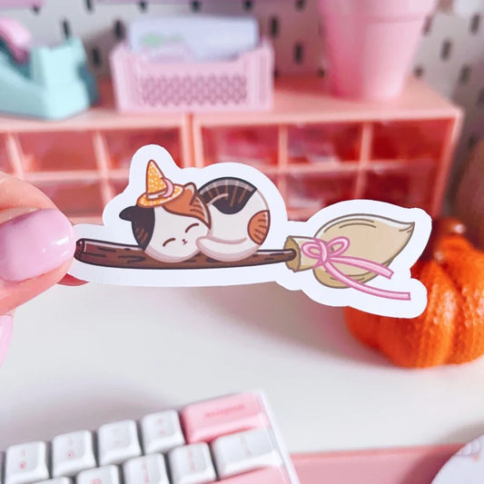 Witchy Cat on Broomstick Vinyl Sticker