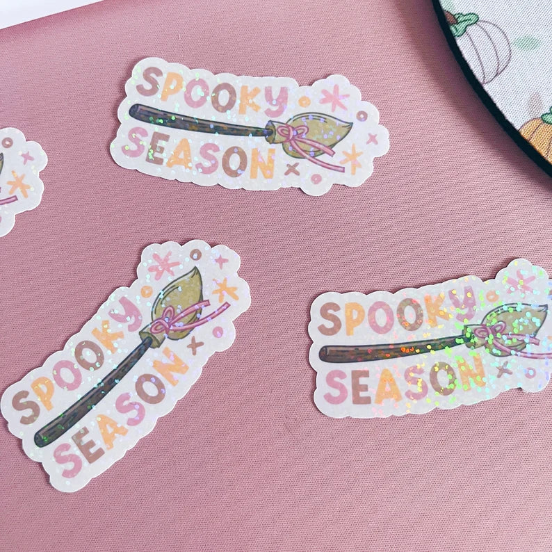 Holographic Glitter Spooky Season Broomstick Vinyl Sticker