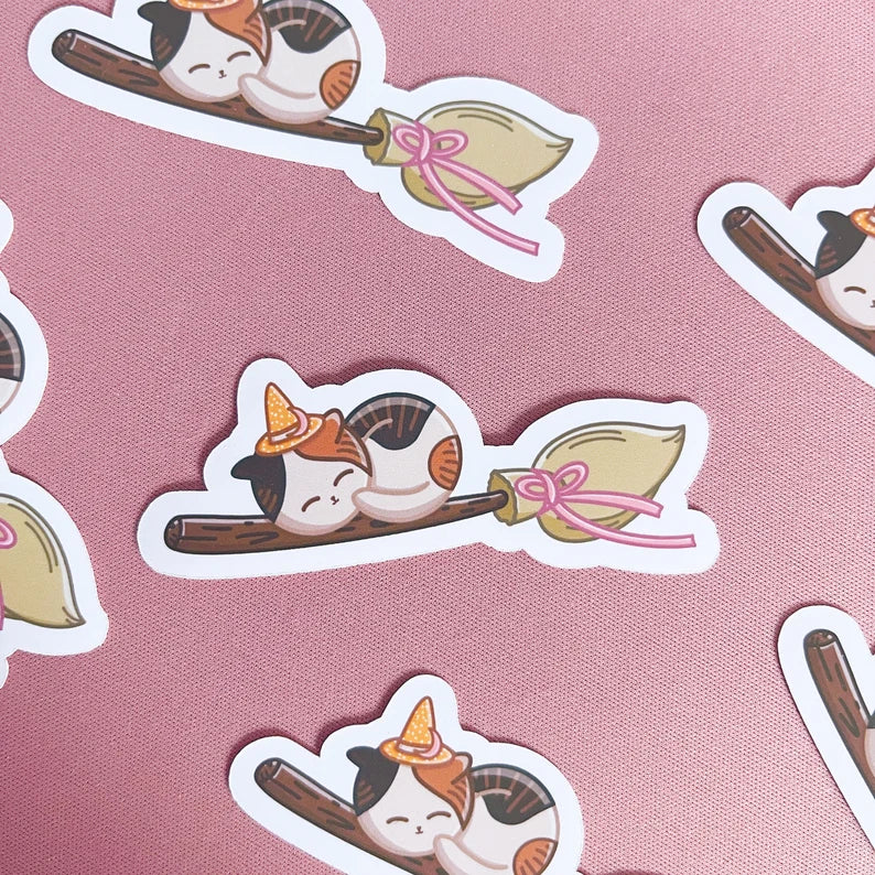 Witchy Cat on Broomstick Vinyl Sticker