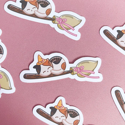 Witchy Cat on Broomstick Vinyl Sticker