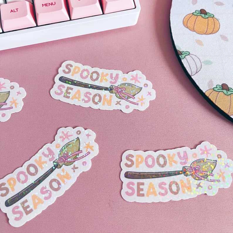 Holographic Glitter Spooky Season Broomstick Vinyl Sticker