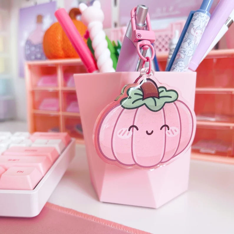 Pink Kawaii Pumpkin Glitter Acrylic Keychain