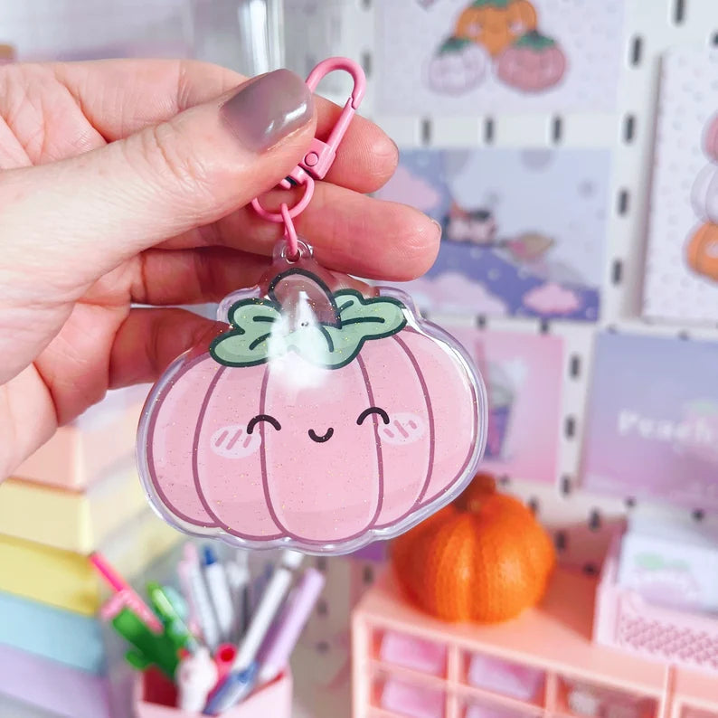 Pink Kawaii Pumpkin Glitter Acrylic Keychain