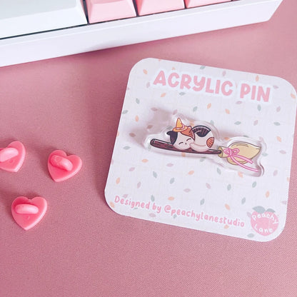 Witchy Cat on Broomstick Acrylic Pin