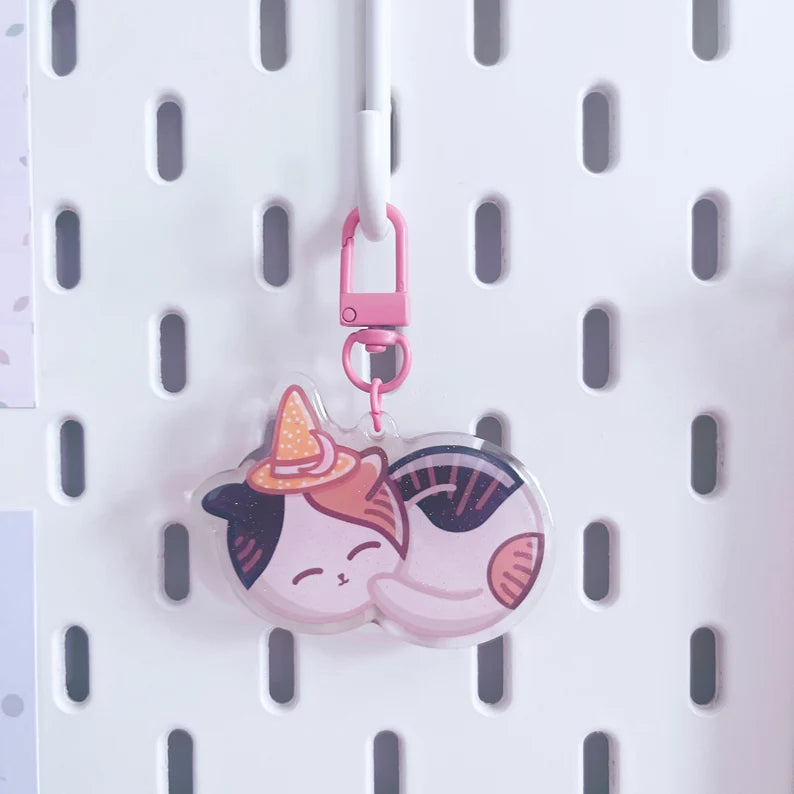 Sleepy Witchy Cat Glitter Acrylic Keychain
