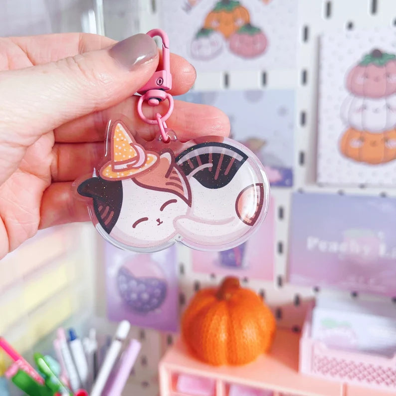Sleepy Witchy Cat Glitter Acrylic Keychain