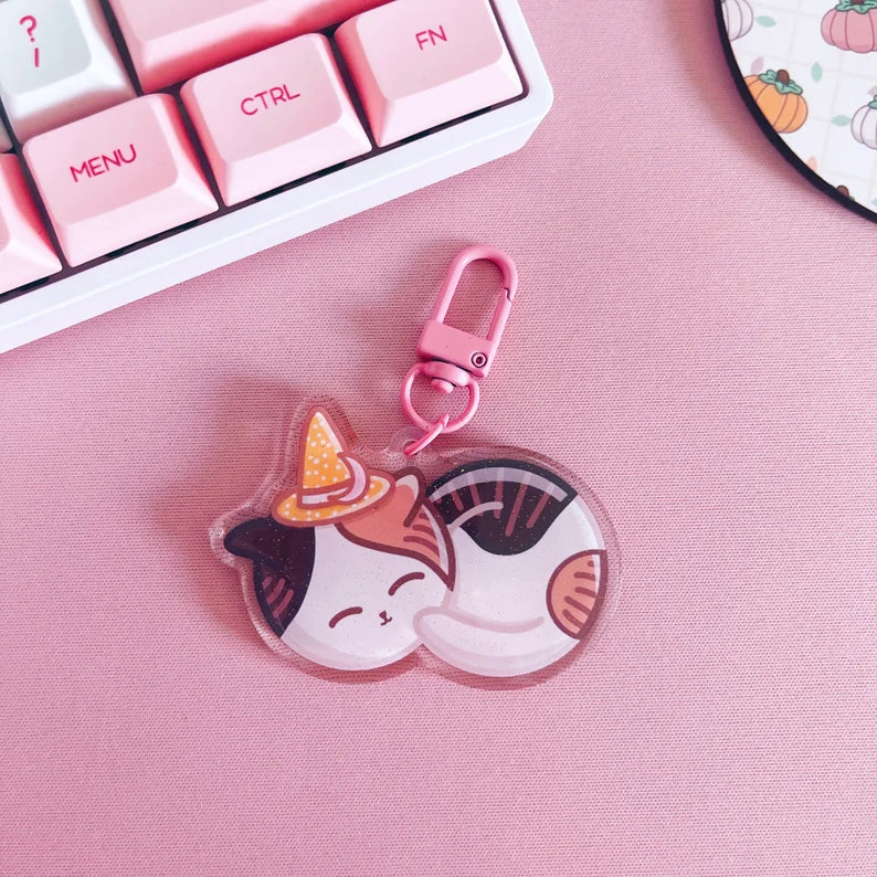 Sleepy Witchy Cat Glitter Acrylic Keychain