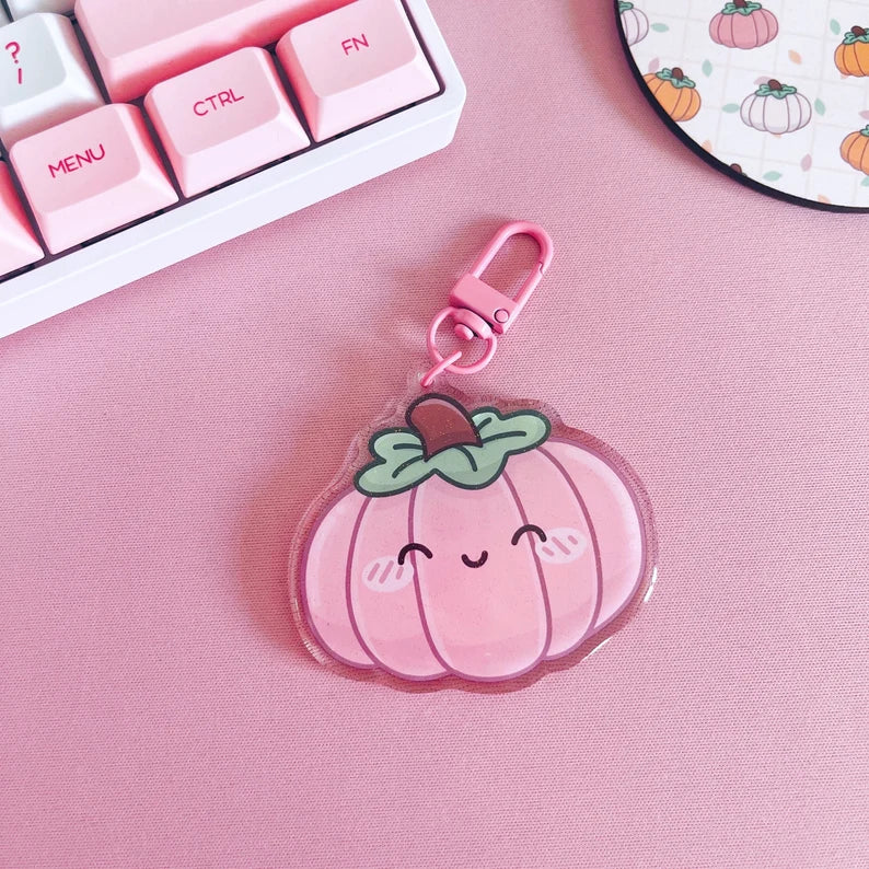 Pink Kawaii Pumpkin Glitter Acrylic Keychain