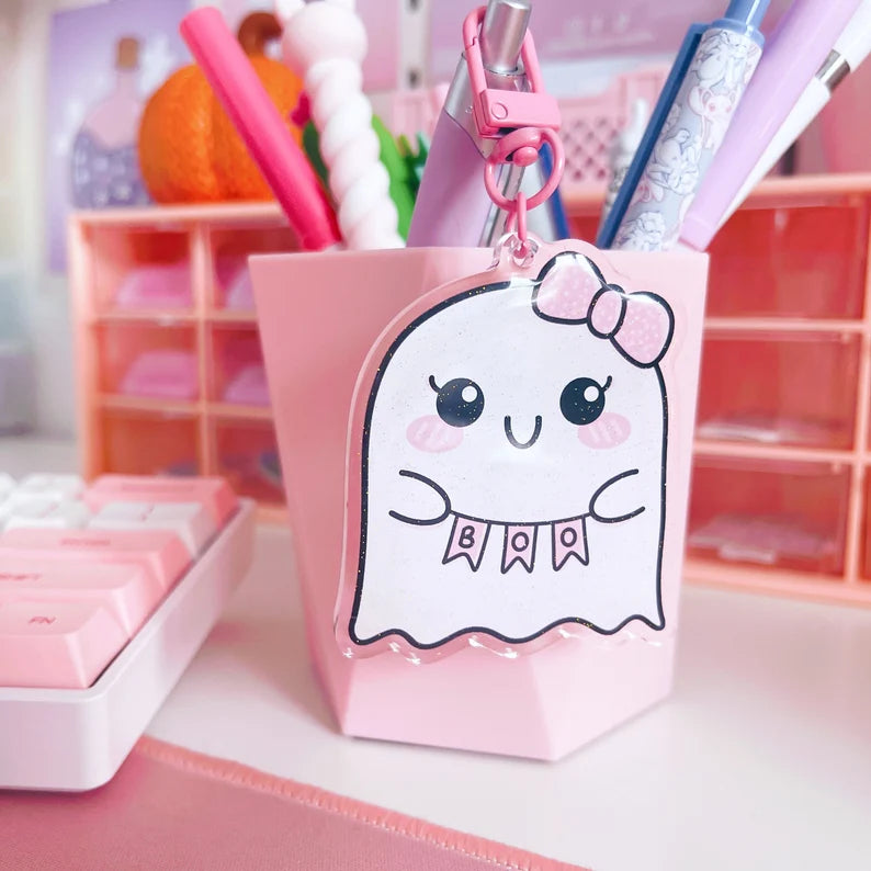 Kawaii Ghost Boo Glitter Acrylic Keychain