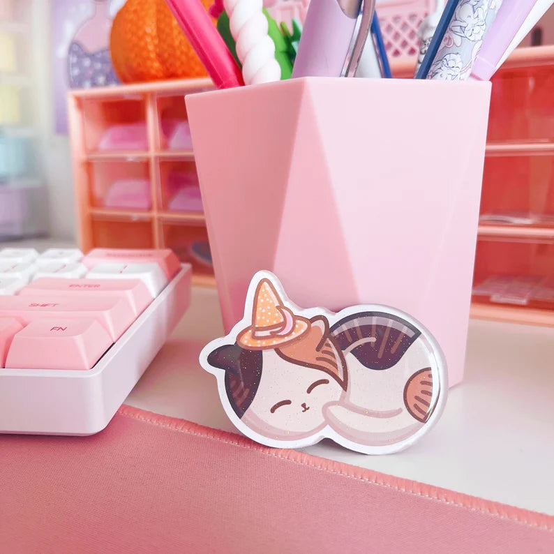 Sleepy Cat Glitter Acrylic Magnet