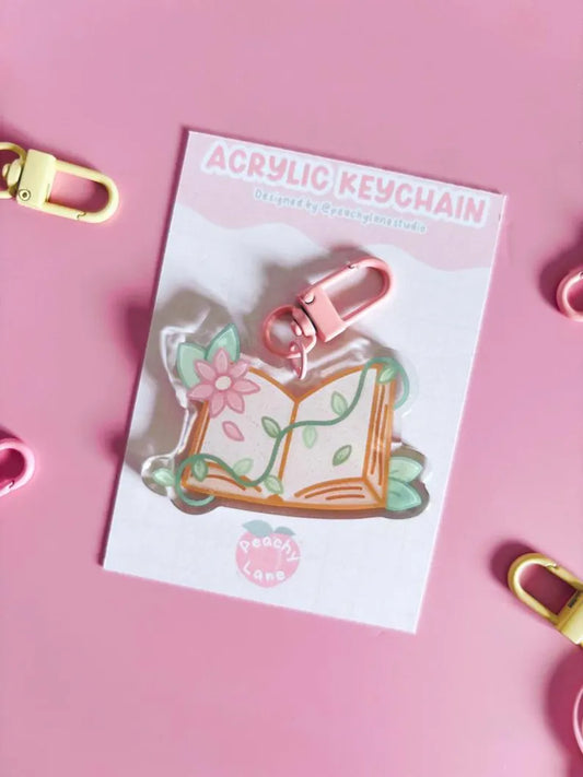 Floral Open Book Glitter Acrylic Keychain